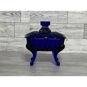Vintage Indiana Glass Cobalt Blue Footed Trinket Box Queen Anne W/ Lid